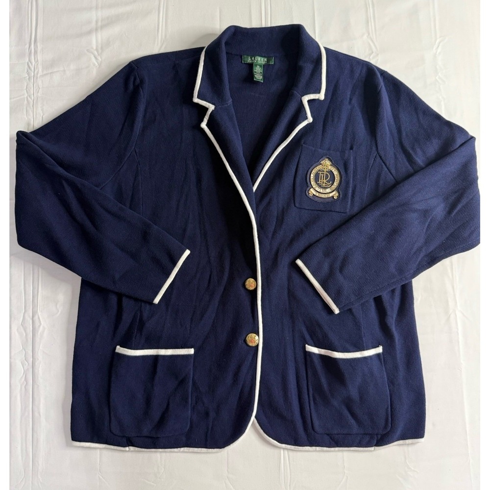 Lauren Ralph Lauren LRL Blazer Sweater 2XL Womens Blue White Crest Patch Knit